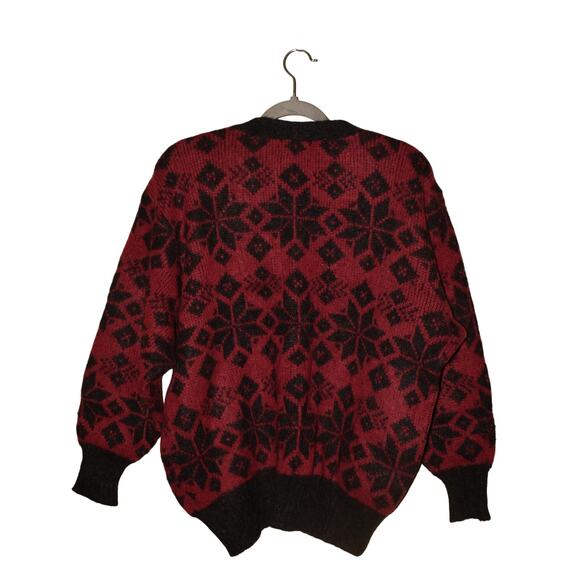 HILDA LTD Vintage Icelandic Wool Cardigan Red Black Nordic Snowflake Sweater L - Picture 2 of 4